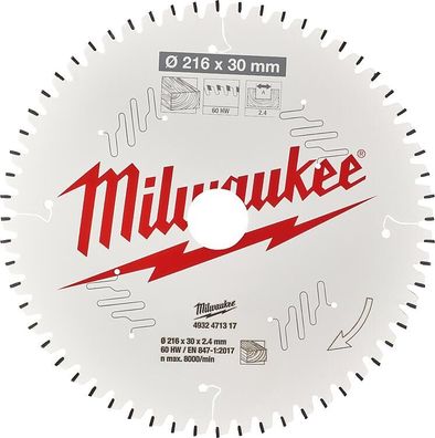 Kreissägeblatt Milwaukee 216x30 mm, 60 Z Wechselzahn, für Holz