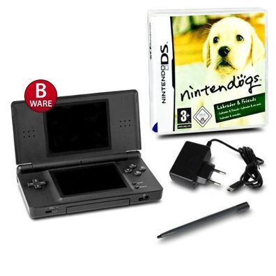 DS Lite Handheld Konsole schwarz #70B + Kabel + Nintendogs - Labrador & Friends