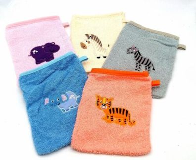 Waschhandschuh Kinder Waschlappen Tier 5 Motive gestickt 100% Baumwolle