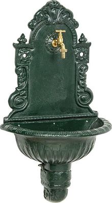 Wandbrunnen aus Graugus, grün, mit Messi ng-Auslaufventil