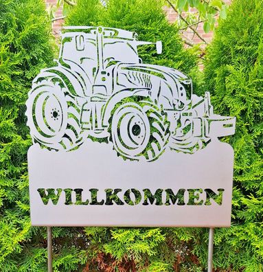 Gartenstecker XXL McCormick "Willkommen" Höhe 165cm aus 2mm Stahlblech Traktor