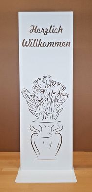 Stele Vase mit Tulpenstraus und "Herzlich Willkommen" weiß Höhe 85cm Aufsteller