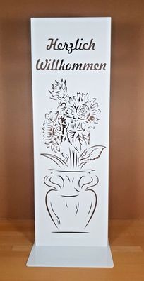 Stele Vase mit Sonnenblumen und "Herzlich Willkommen" weiß Höhe 85cm Aufsteller
