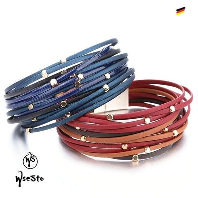 WSESTO Damen Echtes Leder Armband Magnet Streifen Boho Geschenkidee 9 Farben