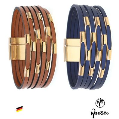 WSESTO Damen Lederarmband Magnet Armband Streifen Boho Echtes Leder 11 Farben