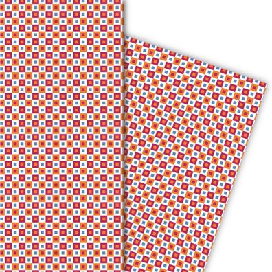 Geometrisches Retro Geschenkpapier mit Quadrate, orange, blau - G4854, 32 x 48cm