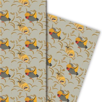 Klassisches Geschenkpapier mit Enten im Schilf, hellgrau - G4818, 32 x 48cm