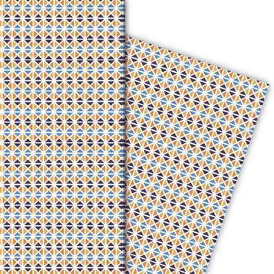 Geometrisches Geschenkpapier mit Retro Muster, orange, blau - G4848, 32 x 48cm