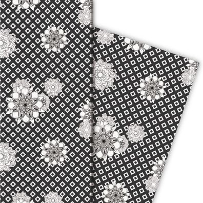Grafisches Geschenkpapier mit Blüten auf Dreiecks Motiv, schwarz|weiß - G4786, 32 x 4