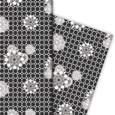 Grafisches Geschenkpapier mit Blüten auf Kreis Motiv, schwarz|weiß - G4788, 32 x 48cm
