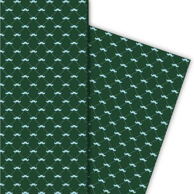 Elegantes Herren Moustache Geschenkpapier mit Schnurrbärten auf grün - G5126, 32 x 48