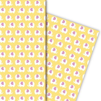 Herziges Elefanten Geschenkpapier nicht nur für Babys, rosa auf gelb - G5148, 32 x 48