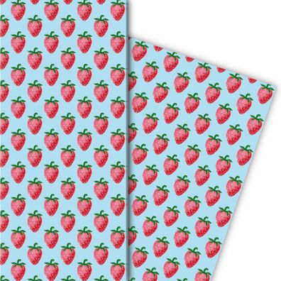 Leckeres Sommer Geschenkpapier mit Erdbeeren auf hellblau - G5166, 32 x 48cm