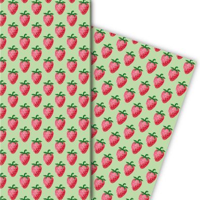 Leckeres Sommer Geschenkpapier mit Erdbeeren auf grün - G5167, 32 x 48cm