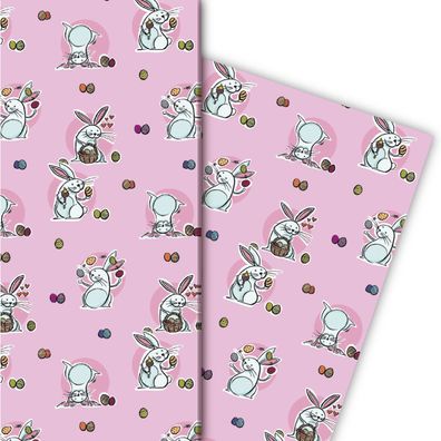 Komisches Oster Geschenkpapier mit lustigen Hasen auf rosa - G5180, 32 x 48cm
