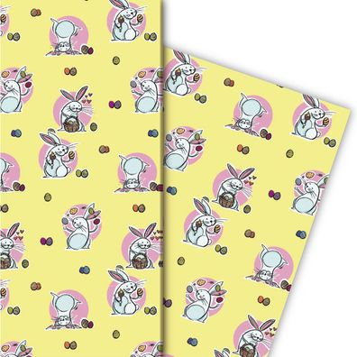 Komisches Oster Geschenkpapier mit lustigen Hasen auf gelb - G5181, 32 x 48cm