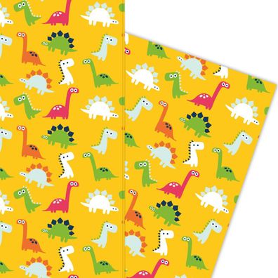 Lustiges Comic Dinosaurier Kinder Geschenkpapier auf gelb - G5855, 32 x 48cm