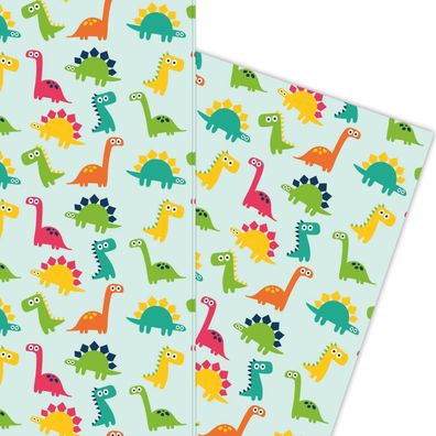 Lustiges Comic Dinosaurier Kinder Geschenkpapier auf hellblau - G5856, 32 x 48cm