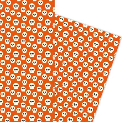 Gruseliges Halloween Geschenkpapier mit Totenköpfen auf orange rot - G5857, 32 x 48cm