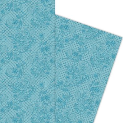 Florales Totenkopf Geschenkpapier nicht nur zu Halloween hellblau - G5860, 32 x 48cm