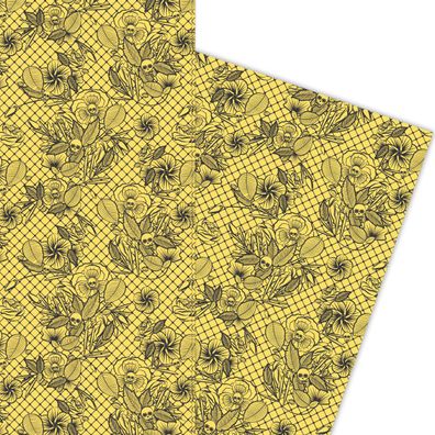 Florales Totenkopf Geschenkpapier nicht nur zu Halloween schwarz auf gelb - G5862, 32
