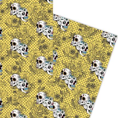 Florales Skull Geschenkpapier mit bunten Mexiko Totenköpfen, schwarz gelb - G5864, 32