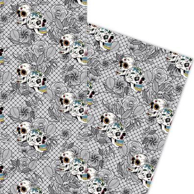 Florales Skull Geschenkpapier mit bunten Mexiko Totenköpfen, schwarz grau - G5865, 32