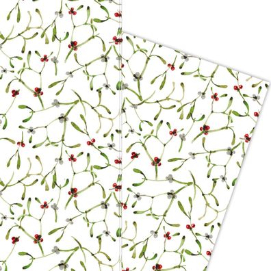 Elegantes Mistel Weihnachts Geschenkpapier auf weiß - G5931, 32 x 48cm