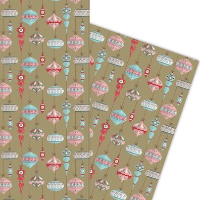 Handgemaltes Weihnachts Geschenkpapier mit Weihnachtskugeln auf beige - G5936, 32 x 4