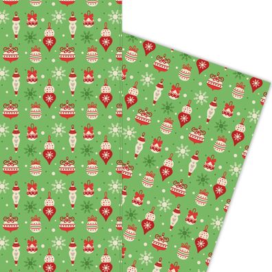 Fröhliches Weihnachts Geschenkpapier mit Weihnachtsschmuck auf grün - G5944, 32 x 48c