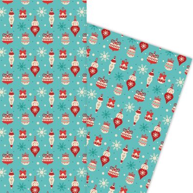 Fröhliches Weihnachts Geschenkpapier mit Weihnachtsschmuck auf hellblau - G5945, 32 x