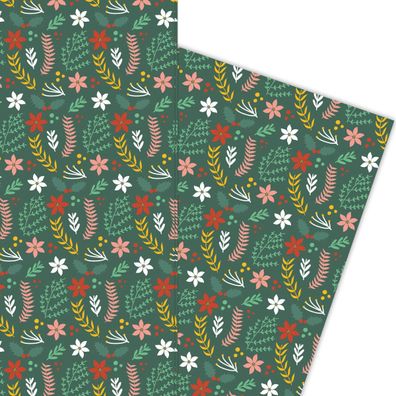 florales Weihnachts Geschenkpapier für liebevolle Geschenke auf grün - G5962, 32 x 48