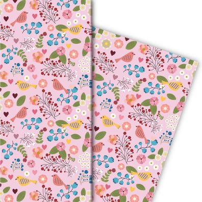 Leichtes Geschenkpapier mit Vögelchen und Blüten in rosa - G6278, 32 x 48cm
