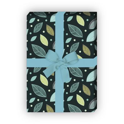 Herbstliches Geschenkpapier mit Blätter Laub Muster in hellblau - G6292, 32 x 48cm