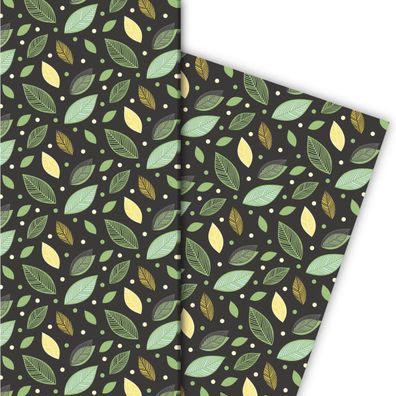 Herbstliches Geschenkpapier mit Blätter Laub Muster in grün - G6294, 32 x 48cm