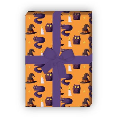 Halloween Geschenkpapier mit Eulen und Katzen in orange - G6326, 32 x 48cm