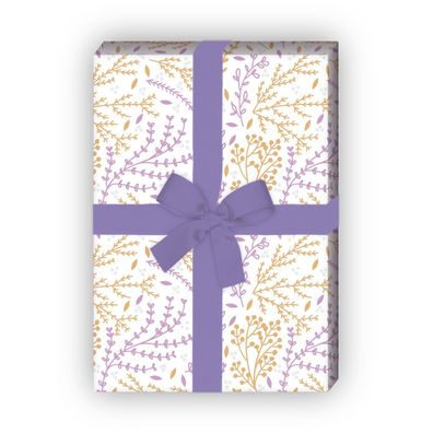 Florales Geschenkpapier mit zartem Muster in lila gelb auf weiß - G6337, 32 x 48cm