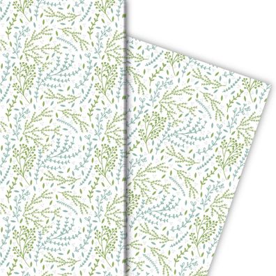 Florales Geschenkpapier mit zartem Muster in hellblau grün auf weiß - G6338, 32 x 48c
