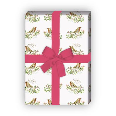 Klassisches Dankes Geschenkpapier mit Vögelchen in weiß - G6342, 32 x 48cm