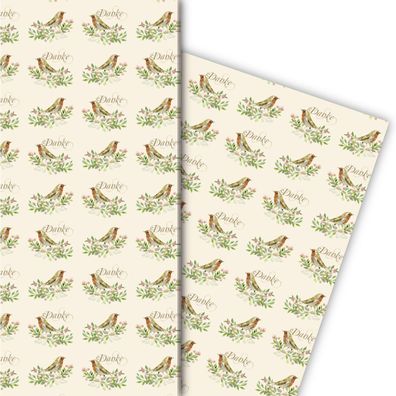 Klassisches Dankes Geschenkpapier mit Vögelchen in beige - G6343, 32 x 48cm
