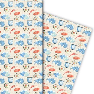 Leckeres Geschenkpapier mit Sushi und Shrimps in blau - G6383, 32 x 48cm
