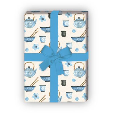 Leckeres Geschenkpapier mit Stäbchen und Teekannen in blau - G6384, 32 x 48cm