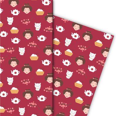 Fröhliches Geschenkpapier mit japanischen Elementen in rot - G6391, 32 x 48cm