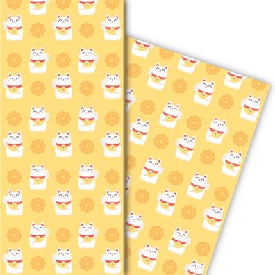 Glücks Geschenkpapier mit Winke Katze in gelb - G6435, 32 x 48cm