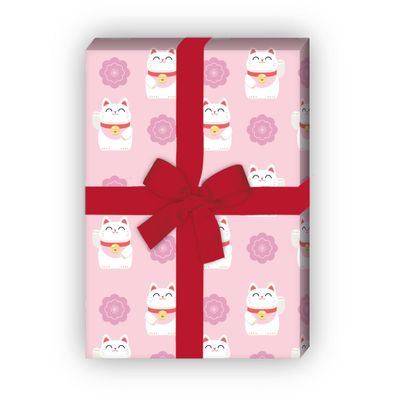Glücks Geschenkpapier mit Winke Katze in rosa - G6436, 32 x 48cm