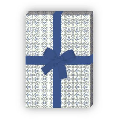 Klassisches indigo Muster Geschenkpapier mit Blüten, blau - kleines Muster - G7194, 3