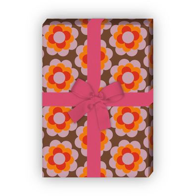 Kultiges 70er Jahre Geschenkpapier mit Retro Blüten Muster in orange braun - G7223, 3