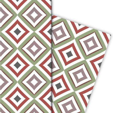 Elegantes Grafik Geschenkpapier mit Diamant Muster, rot grün, großes Muster - G7262,