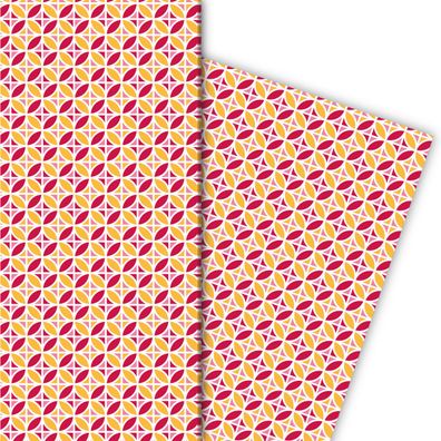 Grafisches Sommer Geschenkpapier mit Blumen, rot gelb - G7273, 32 x 48cm