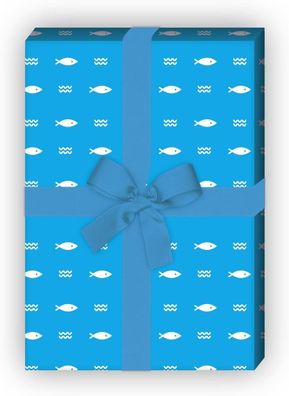 Grafisch reduziertes Geschenkpapier mit Fischen und Wellen auf blau - G7521, 32 x 48c